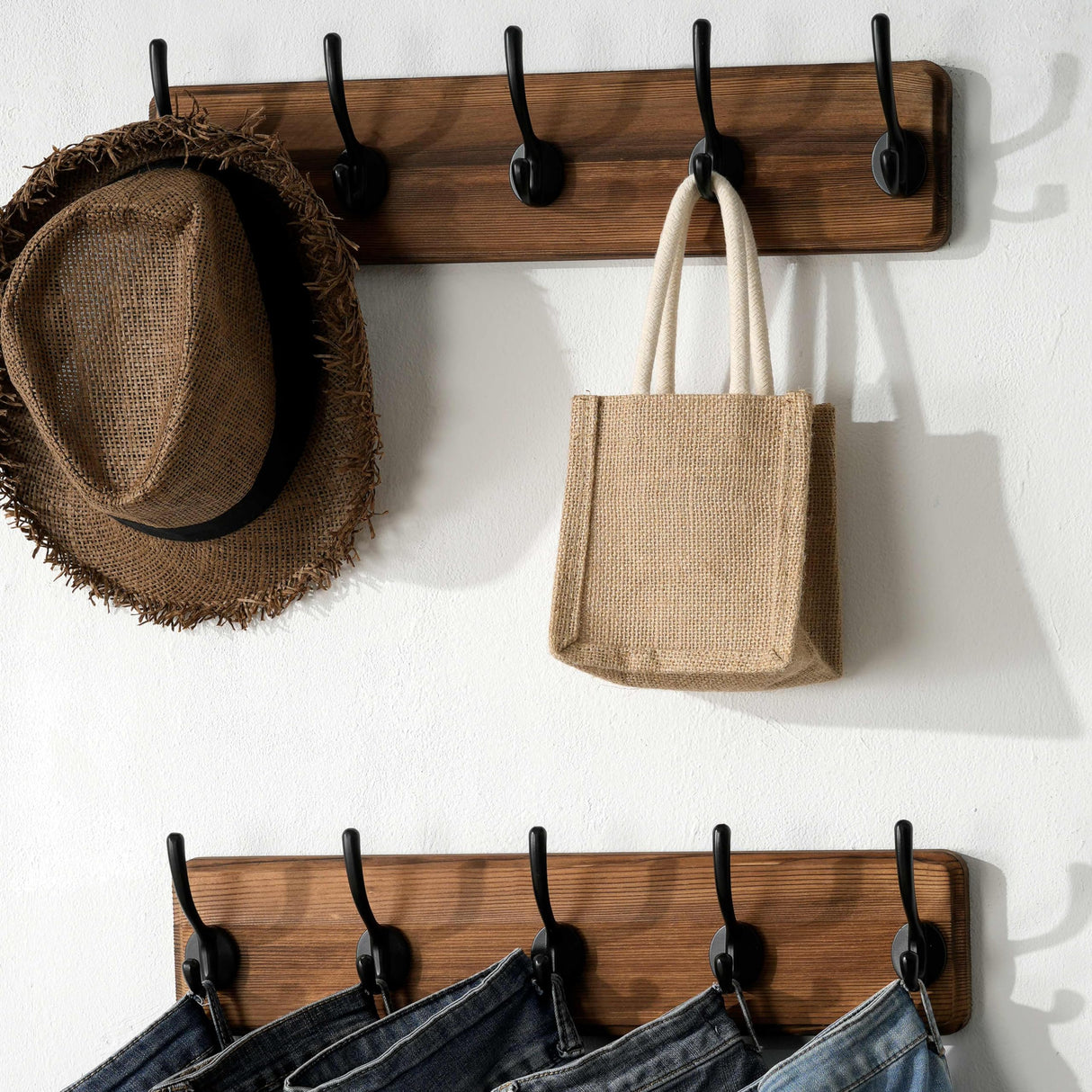 SKOLOO Rustic Wall Mounted Coat Rack with 16 Inch Mounting Hole Distance, Pine Solid Wood Coat Hook Hanger - 5 Hooks for Hanging Clothes Robes Towels Coats SKOLOO