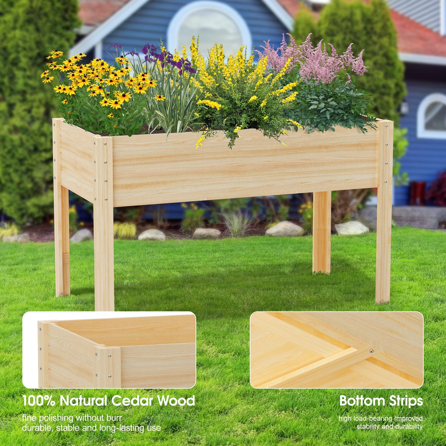 Wooden Raised Garden Bed with Legs, 48x24x30in Cedar Elevated Planter Box Outdoor with Bed Liners for Gardening, Backyard, Patio, Balcony, Grow Herbs and Vegetables