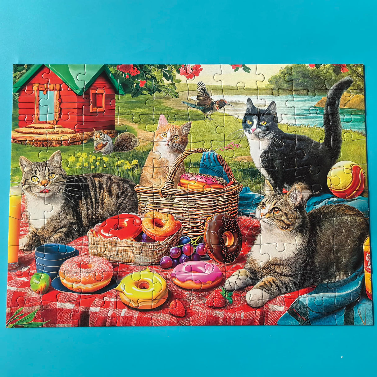 100 Pieces Jigsaw Puzzles for Adults - Cat Puzzles for Kids Ages 6-8 8-10 10-12 - Picnic Kittens and Donuts Mulic