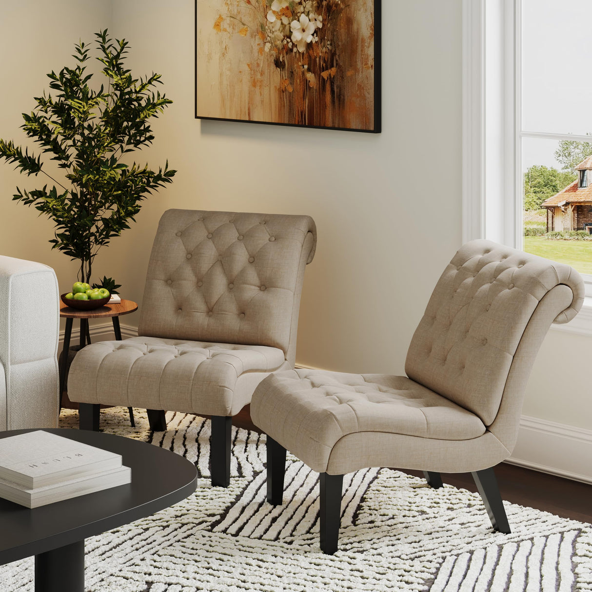 Alunaune Living Room Chairs Set of 2 Modern Accent Chair, Upholstered Tufted Armless Bedroom Chairs Lounge Sofa Backrest Fabric Recliner Chair Wood Legs-Khaki Alunaune