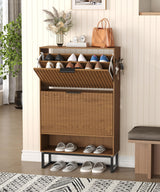 Akxomel Fluted Shoe Storage Cabinet, Narrow Hidden Shoe Rack Cabinet with Metal Legs, Narrow Shoe Organizer, 2 Flip Drawers, for Entryway, Hallway, Living Room, Walnut Akxomel