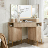 T4TREAM 48'' Fluted Makeup Vanity Desk with HD Triple Mirror and Lights, Large Lighted Corner Vanity with Glass Top, Modern Dressing Table with 3 Drawers & 2 Cabinets for Bedroom, Natural Oak T4TREAM