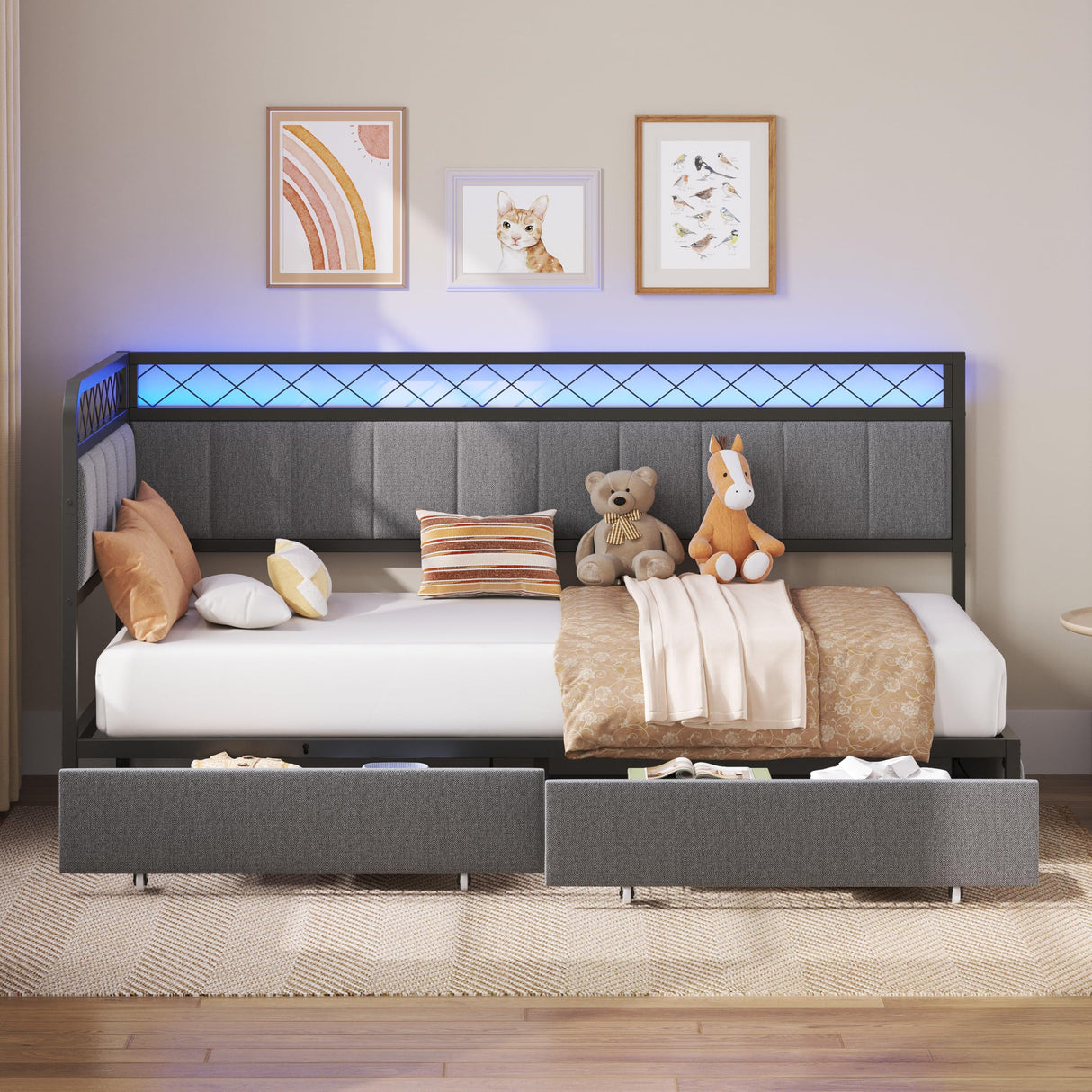 ANCTOR Twin Daybed with 2 Storage Drawers, Corner Bed Frame with LED and Charging Station, Metal Platform Daybed Frame for Living Room, Bedroom and Guest Room, Gray ANCTOR