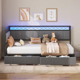 ANCTOR Twin Daybed with 2 Storage Drawers, Corner Bed Frame with LED and Charging Station, Metal Platform Daybed Frame for Living Room, Bedroom and Guest Room, Gray ANCTOR