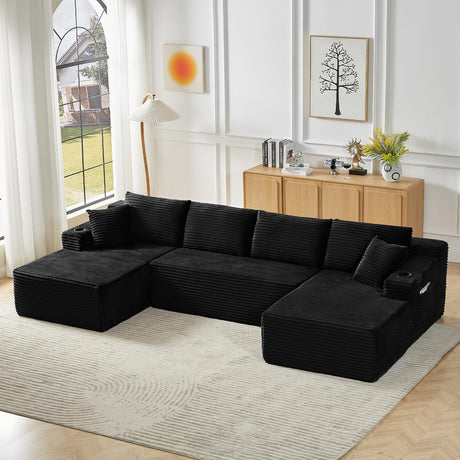 GNIXUU 133.5" Black Corduroy Boneless Sectional Couches for Living Room, Oversized Memory Foam U Shaped Cloud Modular Sectional Sofa with Deep Seat, Cup Holders & Storage Pocket, No Assembly Required GNIXUU