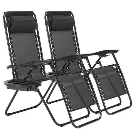 Simple Deluxe 2 Set Zero Gravity Chairs Patio Portable Reclining Folding Lounge Chair Beach Camping Chairs with Pillow and Cup Holder Trays for Garden, Lawn, Black Simple Deluxe