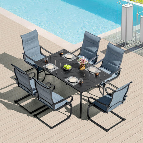 NUU GARDEN 7-Piece Outdoor Patio Dining Set with 6 Padded Textilene C-Spring Chairs and 61 x 37 Inch Table with 1.8 Inch Umbrella Hole for Patio Deck Garden Backyard Indoor Outdoor Use Black Blue NUU GARDEN