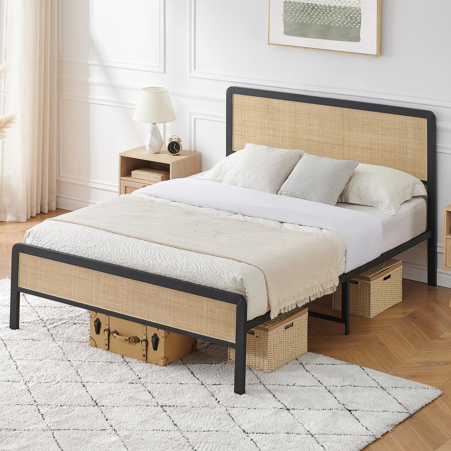 GAOMON Queen Size Metal Platform Bed Frame with Natural Rattan Headboard, Footboard, and Under-Bed Storage - WoodArtSupply