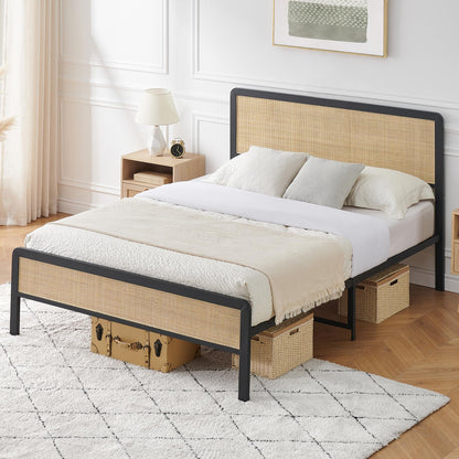 GAOMON Queen Size Metal Platform Bed Frame with Natural Rattan Headboard, Footboard, and Under-Bed Storage - WoodArtSupply