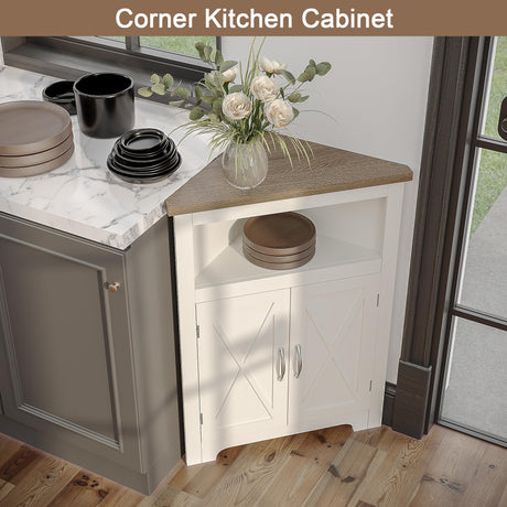 ChooChoo Farmhouse Corner Cabinet, Small Corner Storage Cabinet with Barn Door Design and Adjustable Shelf, Home Space Saver for Living Room, Bathroom, Kitchen, Soft White & Brown ChooChoo