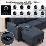 Sectional Couches for Living Room, 6 Seat Sectional Sofa Couch with Smart Module-Wireless Charging/USB/Type-C/RGB Light, U Shaped Thick Linen Modular Couch with Chaise Lounge/Storage Ottoman (Blue) NicoHali