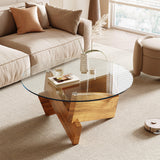 Honyee Modern Round Coffee Table, 30.7" x 30.7" x 16.1" Tempered Glass Top for Living Room, Color: Natural Wood Honyee