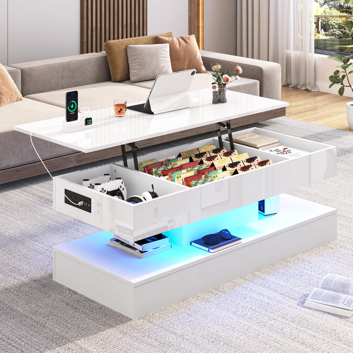 47.2" Large Lift Top Coffee Table,Modern High Glossy LED Coffee Tables for Living Room with Storage,Black Living Room Tables for Living Room,Dining Room,Bedroom Home Office,APP LED Lights(White)