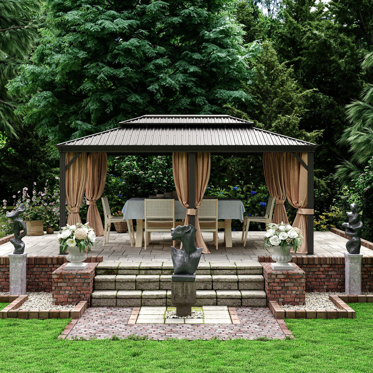 12x18Ft Hardtop Gazebo, Aluminum Frame Canopy with Double Galvanized Steel Roof, Outdoor Heavy Gazebo with Nettings and Curtains for Backyard, Patio and Deck (Brown 12x18 Ft) TRUSTERTHEE