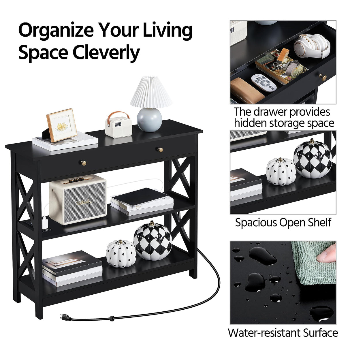 Yaheetech TV Stand with Power Outlet, Entertainment Center with Drawer, 39.5" Media Console Table for TV up to 45 inch with 2 Open Shelves for Bedroom, Living Room, Entryway, Black Yaheetech