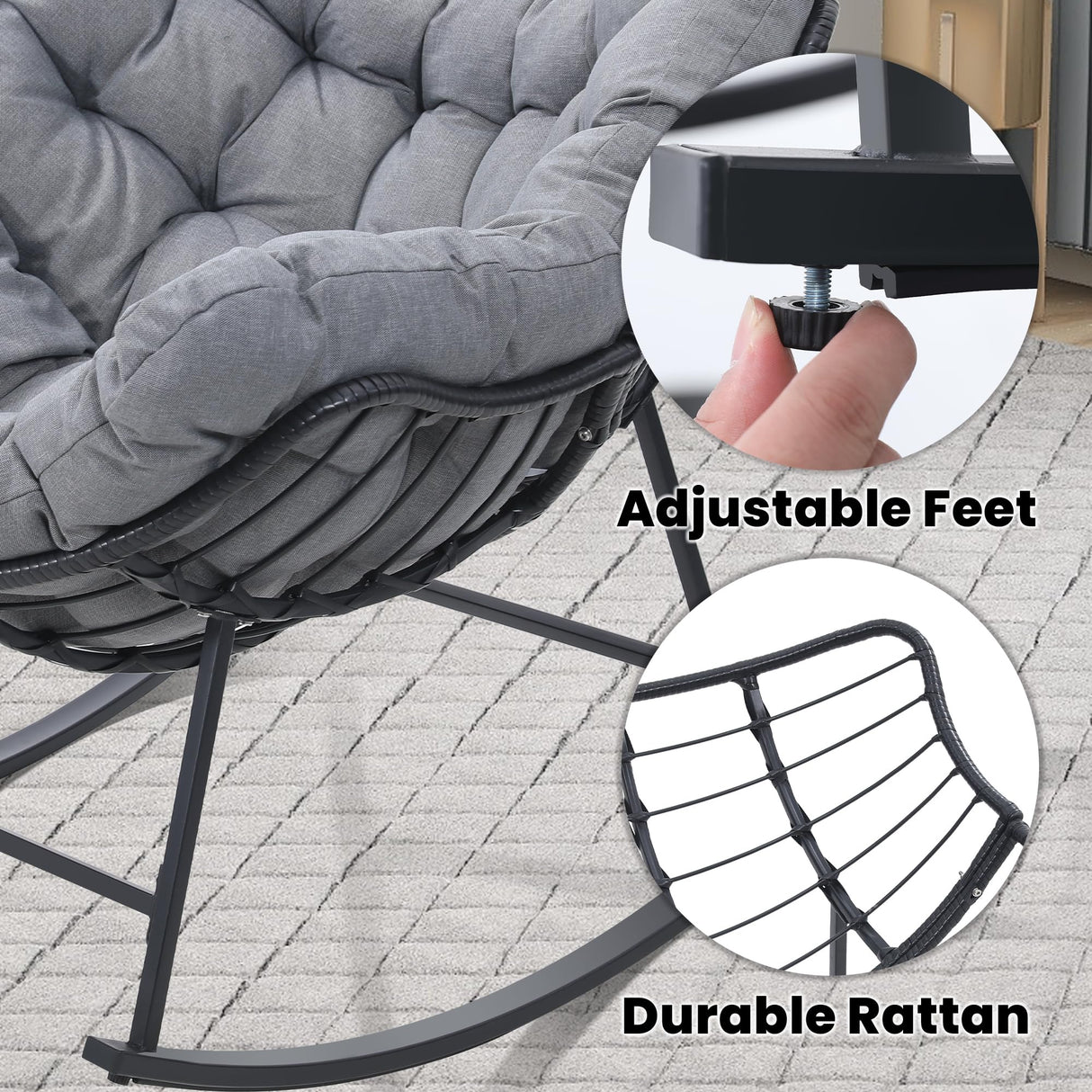 Kromax Oversized Outdoor Papasan Rocking Chair, Wicker Egg Chair Rocker for Outside, Comfy Patio Rocker, Large Indoor Rocking Recliner, Modern Egg Style, Grey Kromax