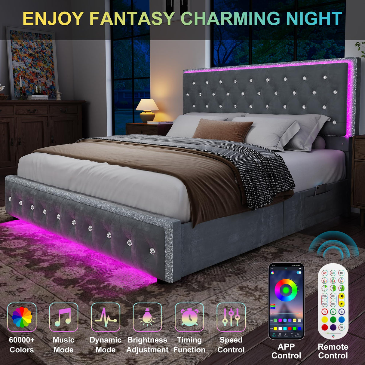 Torana Full LED Bed Frame with 2 Drawers, Soft Velvet Platform Bed with Diamond Tufted Headboard Footboard and 2 Side Pockets, Mattress Foundation with Wooden Slats Support, No Box Spring Needed, Grey Torana