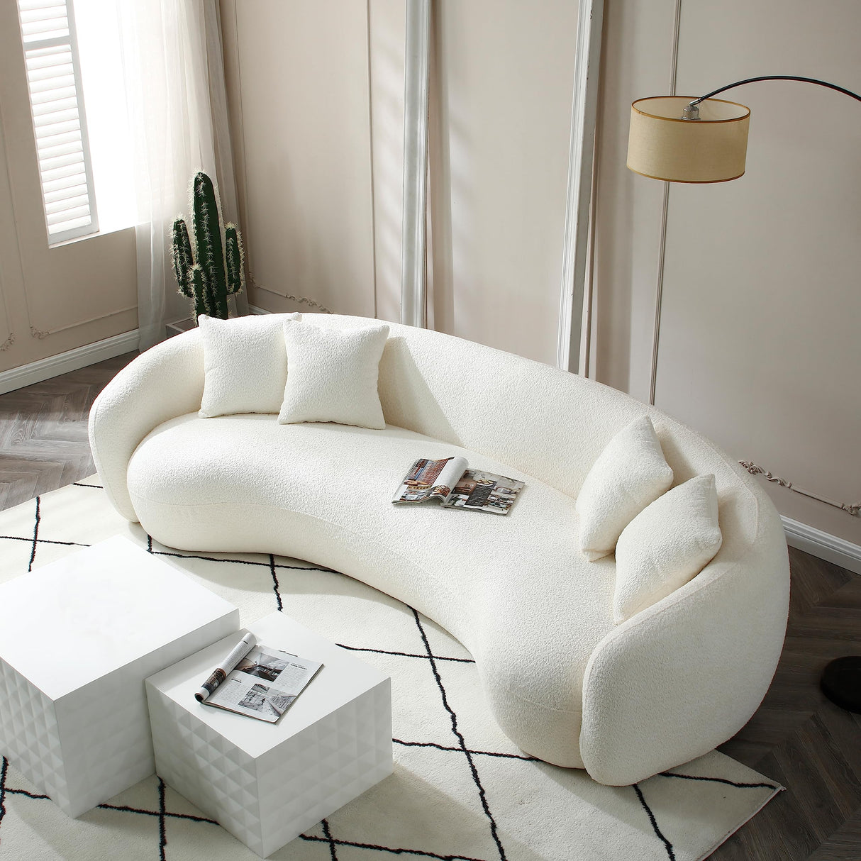 BAMOOLI 101'' Curved Sofa Couch, Mid Century Modern Half Moon Living Room Sofa, Luxury 5-Seat Sofa Couch with 4 Throw Pillows, Teddy Fleece Leisure Couch for Apartment, Office, Bedroom, Beige BAMOOLI