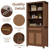 EROMMY 5 Tier Rattan Bookshelf with Drawer, 71" Tall Boho Bookcase, Large Wooden Farmhouse Bookshelf with Doors Storage Cabinet and Display Shelves for Living Room, Bedroom, Home Office, Walnut EROMMY