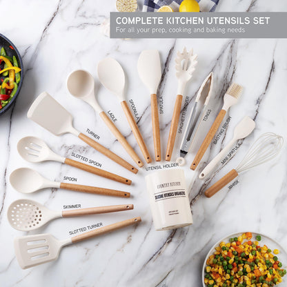 Country Kitchen Non Stick Silicone Utensil Set with Rounded Wood Handles for Cooking and Baking, 14 Piece Set, Khaki