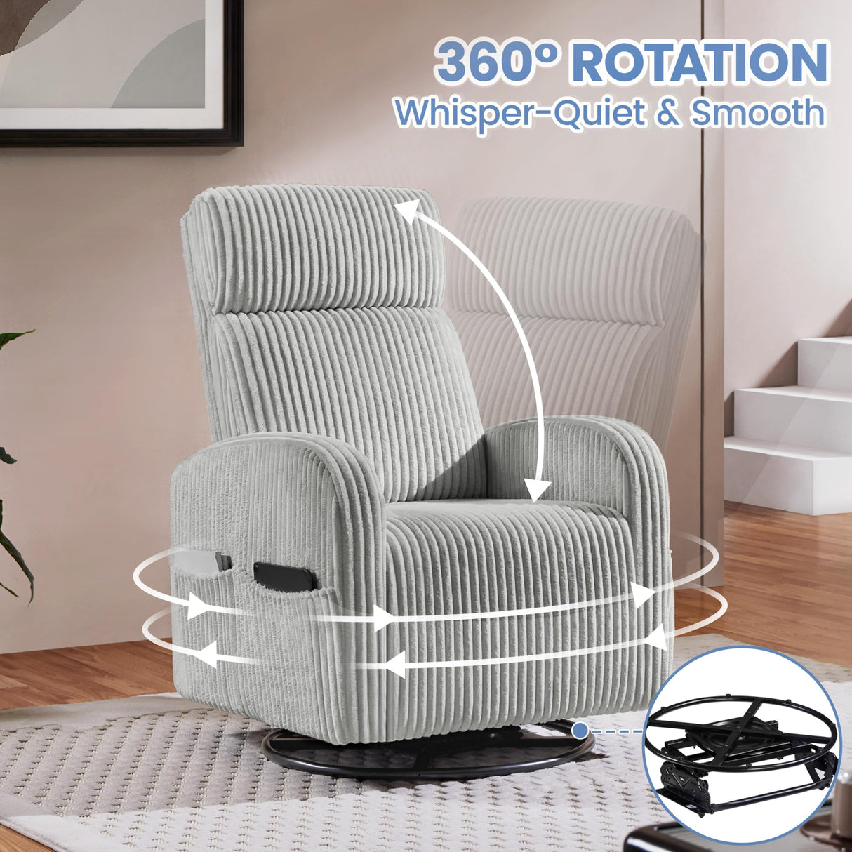 Yaheetech 360° Swivel Glider Chair for Nursery, Rocking Chair Nursing Chair with Side Pockets, Corduroy Glider for Living Room with High Back Light Gray Yaheetech
