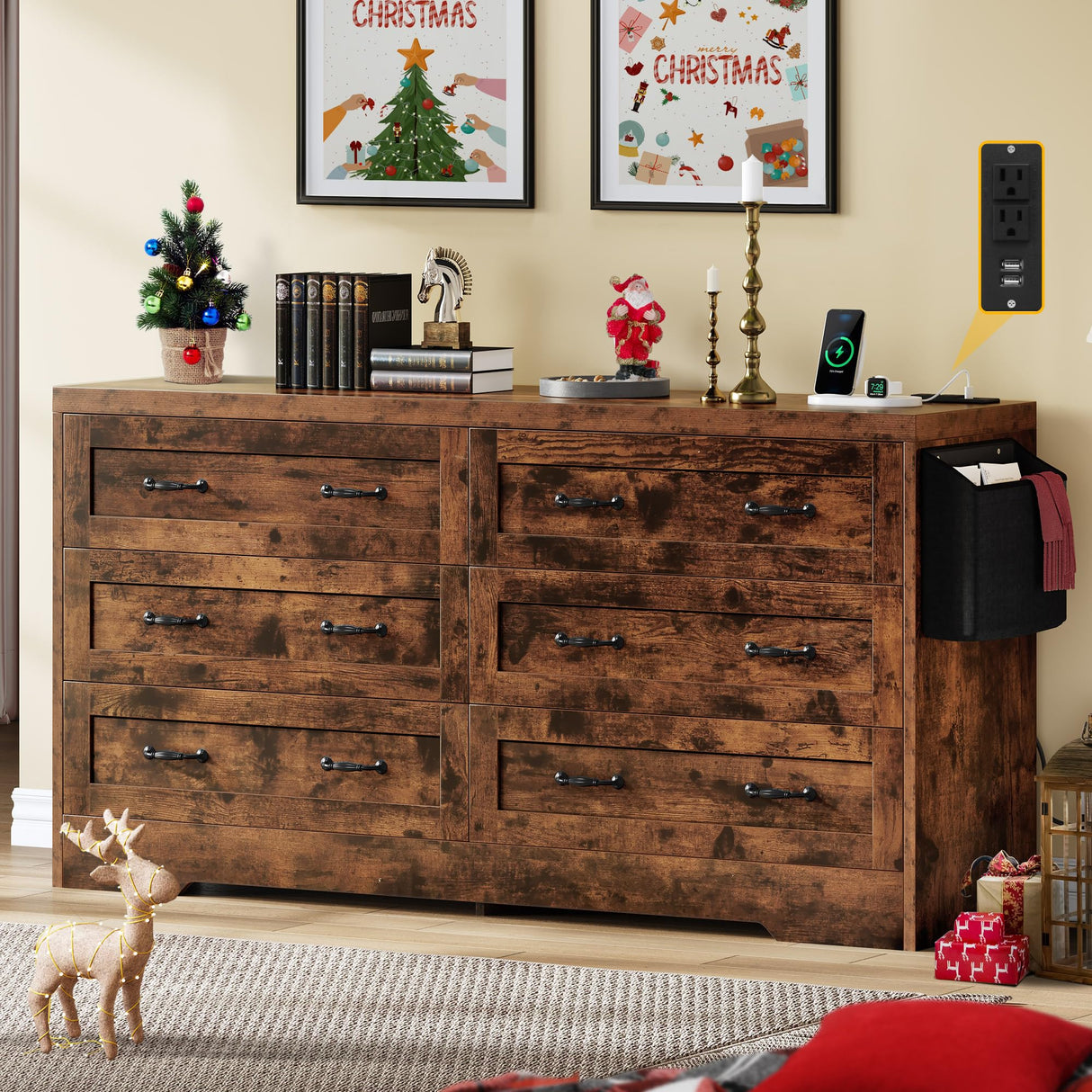 DWVO Farmhouse 6 Drawer Dresser for Bedroom, 60 Inch Large Modern Dresser TV Stand with Large Drawers & Bar Handles, Storage Dressers with Power Outlets, Rustic Wood Chest of Drawers, Rustic Brown DWVO