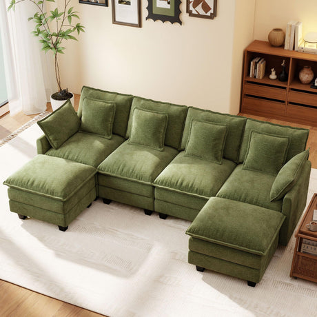 Ihanherry 106" U Shaped Modular Sectional Cloud Sofa, Modern 6 Seat Chenille Couch with Ottoman for Living Room, Bedroom and Apartment, Green Ihanherry