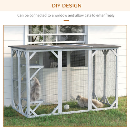 PawHut Outdoor Cat House, Catio Wooden Feral Cat Shelter, Cat Cage with Platforms, Large Enter Door, Weather Protection Asphalt Roof, 71" L, Gray - WoodArtSupply