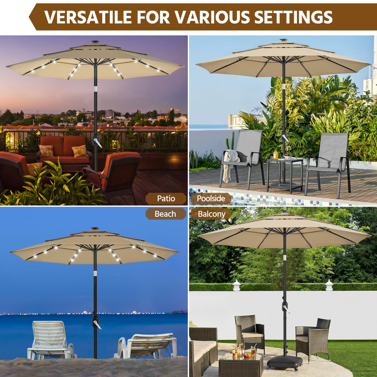 Yaheetech 10ft 3-Tier Vented Solar Patio Umbrella, Table Outdoor Market Umbrella with 24 LED Lights, 8 Sturdy Ribs Beach Umbrella with Tilt and Crank for Garden, Deck, Tan Yaheetech