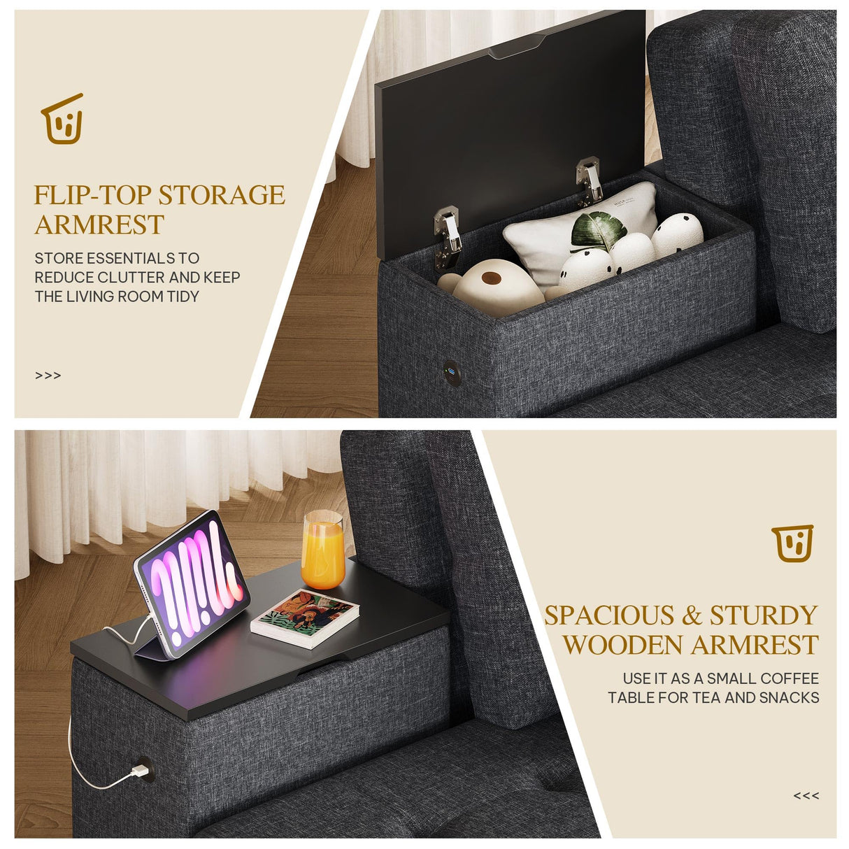 YITAHOME Queen Size Sleeper Sofa, 5-in-1 Convertible Sofa Bed Couch with 2 Storage Cabinets and USB Ports, 100" Sectioanl Sofa Couch with 2 Throw Pillow for Living Room, Grey Linen Fabric YITAHOME