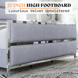AMERLIFE 59" King Size Bed Frame, Velvet Upholstered Bed with Silver Trim Headboard & Footboard, Channel Tufted Platform Bed Frame, No Box Spring Needed/Light Grey AMERLIFE