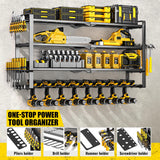 MOOMSINE 4 Layer Large Power Tool Organizer Wall Mount, Heavy Duty Metal Tool Storage Rack with 8 Cordless Drill Holder, Battery Tools Hanger with Charging Station Shelf for Garage Organization MOOMSINE