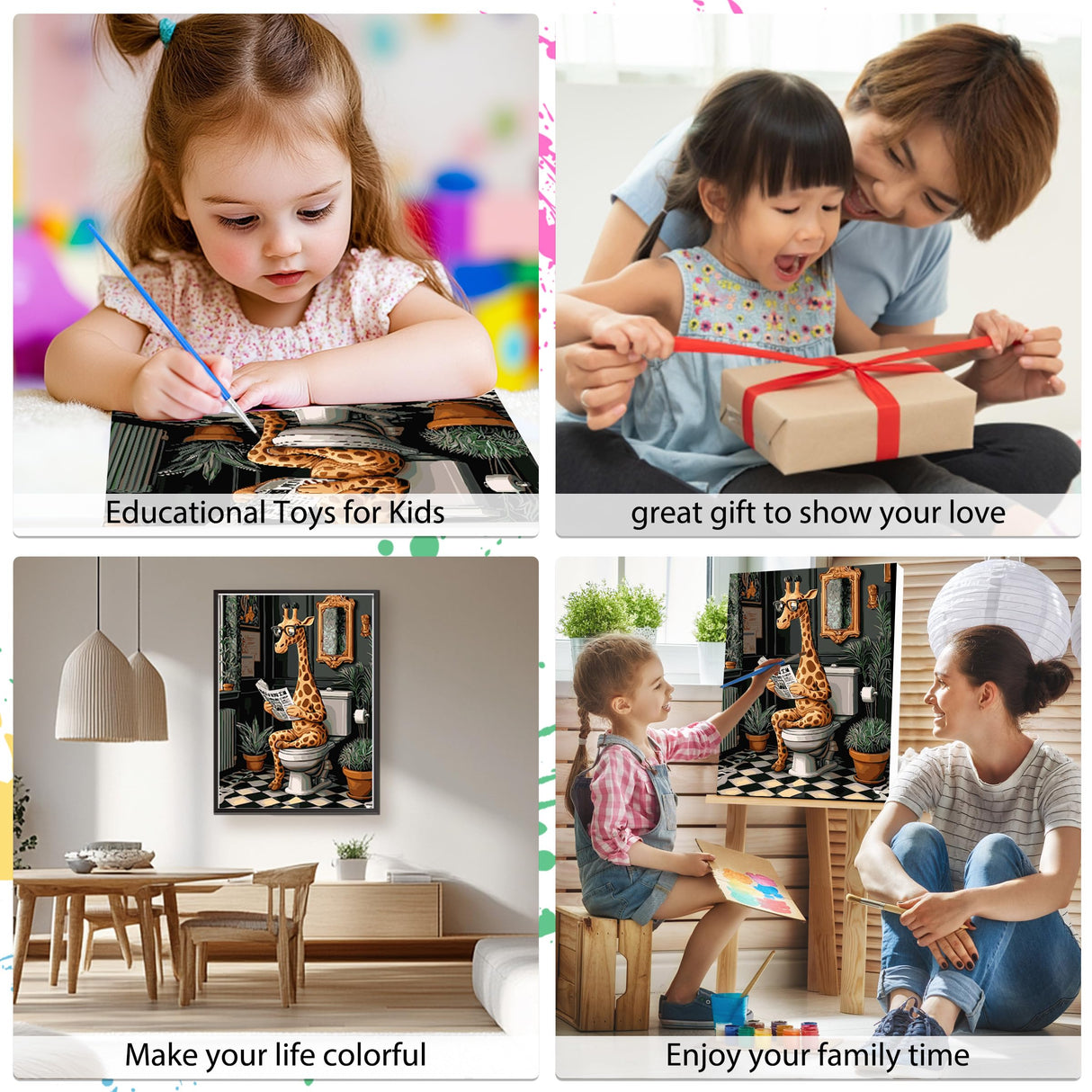 EOBROMD Framed Paint by Numbers Kits for Adults Cute Giraffe in The Toilet, DIY Kits Crafts for Beginner, Painting on Stretched Canvas, Oil Paint by Numbers for Home Decor Gift 12x16inch EOBROMD