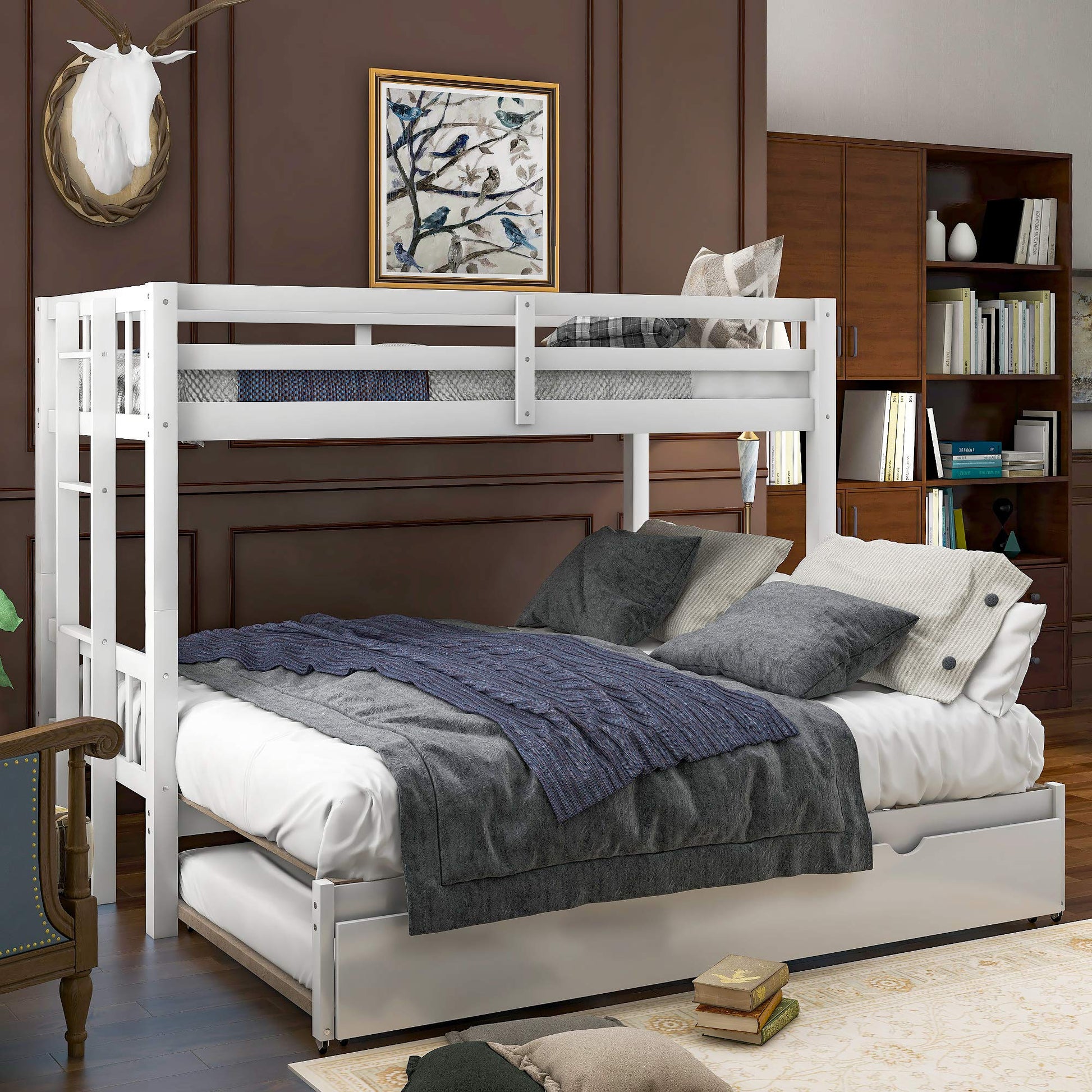 KLMM Twin Over Twin/Queen Wood Bunk Bed with Trundle and Stretchable Down Bed, Accommodate 4 People Extendable Bunk Beds with Ladder and Safety Rail (White/4-in-1) - WoodArtSupply