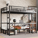 Queen Over Twin XL Metal Bunk Bed, Metal Loft Bed with Desk and Shelves, Multiple Uses Folds into Sofa with LED and USB, Black Bellemave