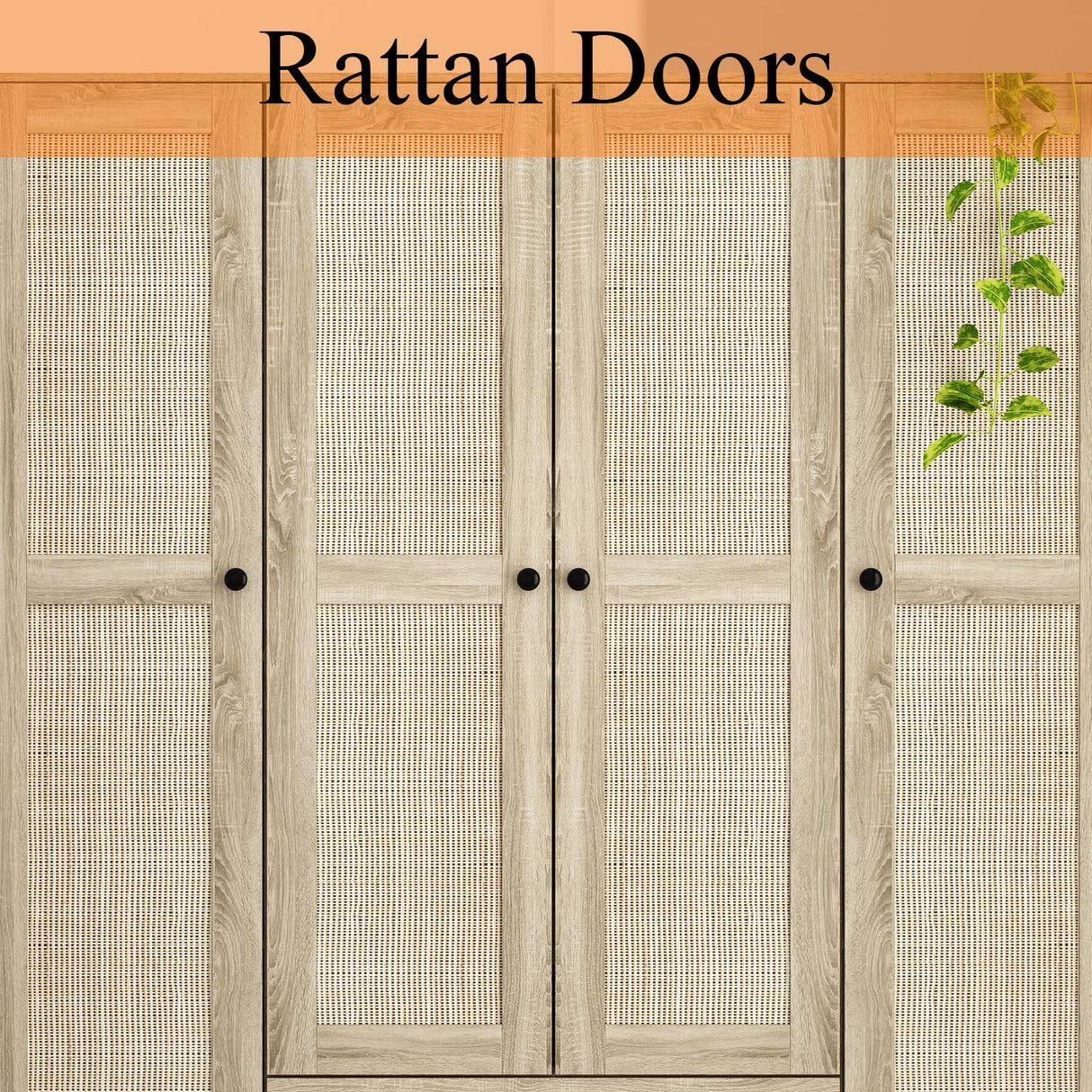 WOODTIME Rattan Armoire Wardrobe Closet with 7 Shelves, 5 Drawers & Hanging Bars, 59" L Wooden Wardrobe Clothes Storage Cabinet for Bedroom, Guest Room, Brown WOODTIME