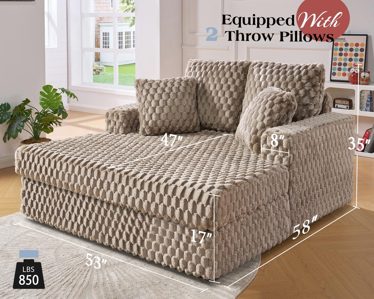 VanAcc 53 Inch Upholstered Chaise Lounge, Plush Sleeper Chair with Throw Pillows and Armrests, Sofa Bed Indoor for Living Room, Brown VanAcc