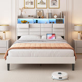 Etditrnp LED Bed Frame King Size with Storage Headboard, 2 Hidden Drawers and Charging Station, Velvet Bed Frames with Led Lights, Wooden Slats Support, Easy Assembly, No Box Spring Needed, Beige Etditrnp