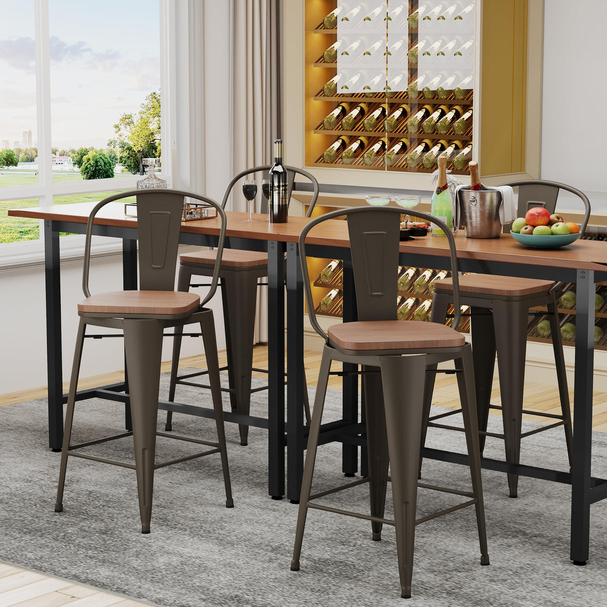 Alunaune 24" Swivel Metal Counter Height Bar Stools Set of 4 High Back Industrial Bar Chairs Kitchen Barstools with Large Wooden Seat-Rusty Alunaune