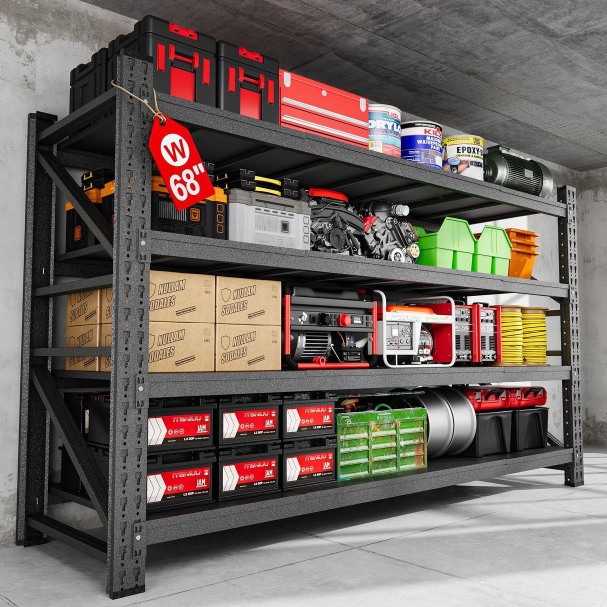 8000LBS Heavy Duty Garage Shelving Units, 68" Wide Metal Storage Shelves, Black 4 Tier Storage rack, Industrial Shelving, Adjustable Standing Shelf for Industries, Warehouses (68"W x 24"D x 63.5"H) heycode