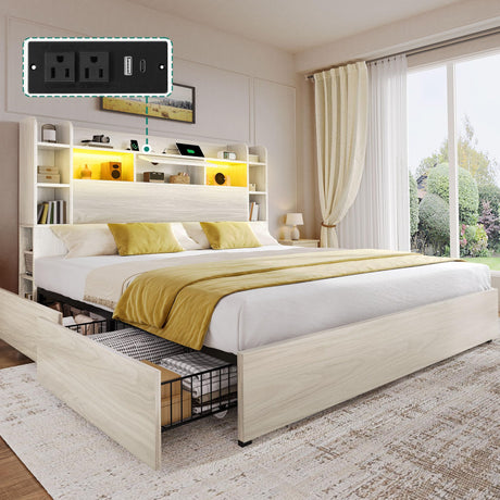 DWVO King Size Bed Frame with Bookcase Headboard and 4 Storage Drawers, RGB LED Bed Frame with Type-C & USB Charging Station Storage Headboard Bed, No Box Spring Needed, Noise Free, Antique White DWVO