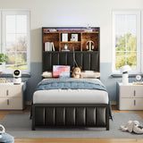 ANCTOR Twin Size Bed Frame with Upholstered Headboard and LED Light, Strong Platform Bed with Charging Station,No Box Spring Needed ANCTOR