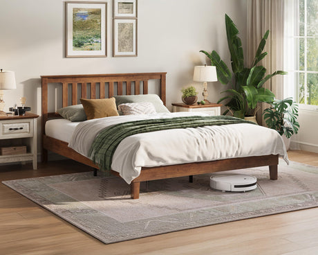 LINSY Queen Bed Frame, Wood Platform Bed Frame with headboard, Solid Wood Bed with Wood Slat Support, No Box Spring Needed, Easy Assembly, Walnut, Queen LINSY