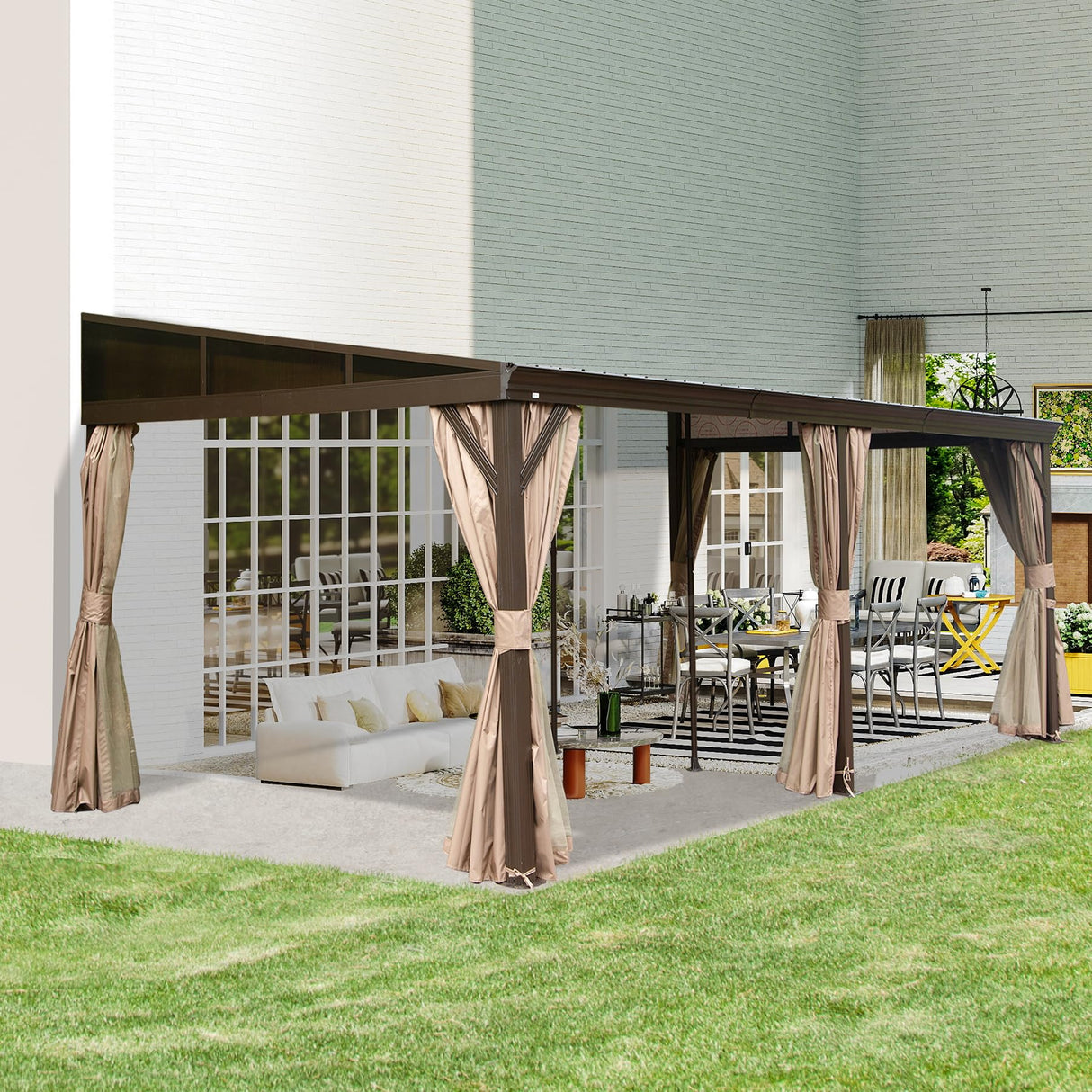 Domi 12' x 20' Lean to Gazebo with Aluminum Frame, Wall Mounted Gazebo Hardtop Galvanized Steel Sloping Roof with Curtains and Netting for Patio Deck Backyard Lawn Party… domi outdoor living