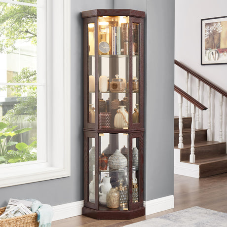 nifoti 69" H Lighted Curio Cabinet Corner Display Case,Corner Glass Cabinet with Tempered Glass Door and Adjustable Shelves,Wooden Curio case with Mirrored Back Pane (Style 2 - Dark Cherry) nifoti