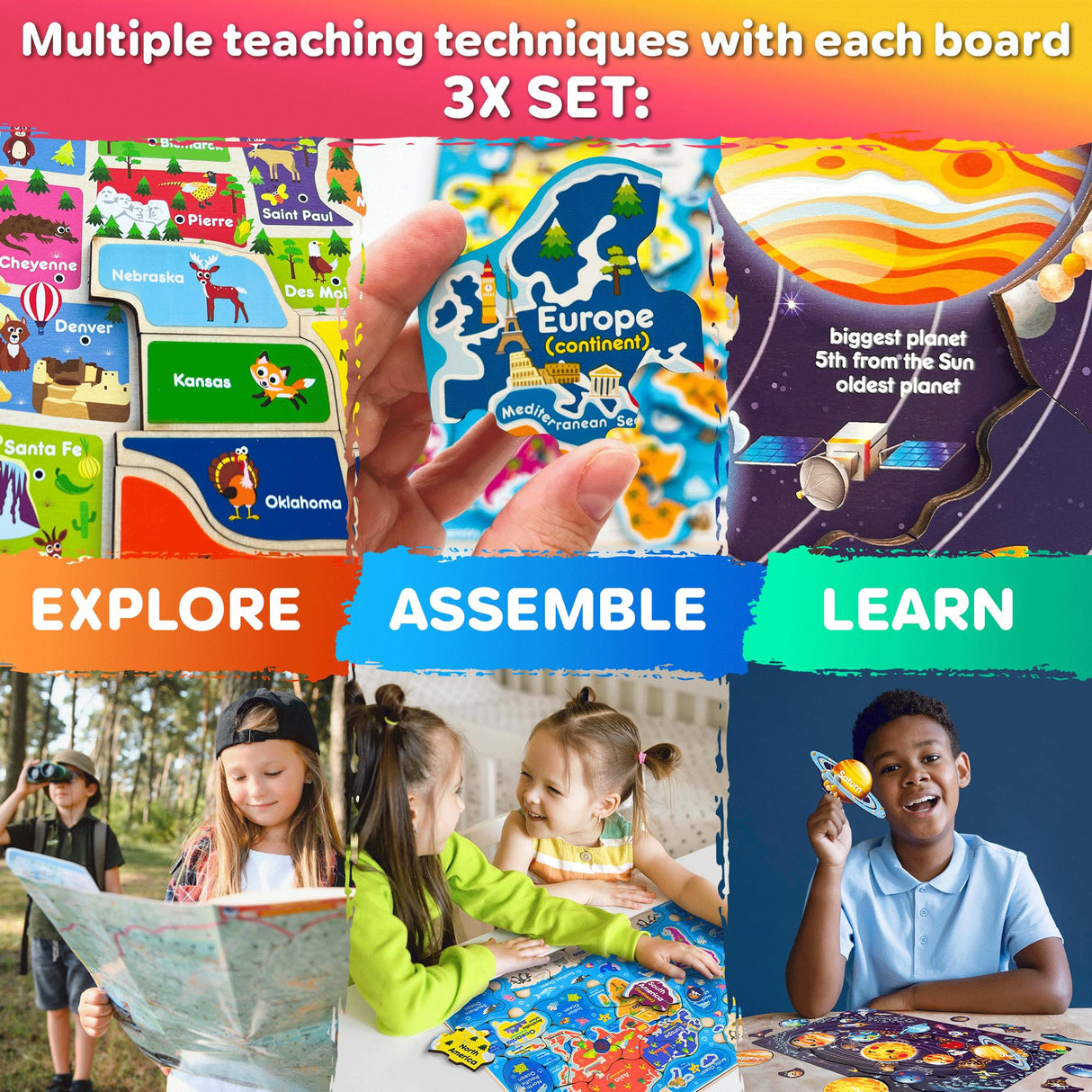 QUOKKA Wooden Puzzles for Kids Ages 4-6 – 3 Educational Wood Toddler Puzzles Ages 3-5 – Learning United States Toddler Game Puzzles Ages 2-4 – Gift World, Space and USA Maps for Boys and Girls QUOKKA