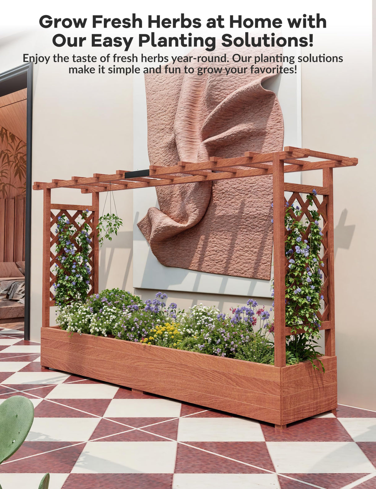 Hipicute Elevated Garden Bed with Arch Trellis & Hanging Roof for Vine Climbing Plants, Wood Planter Box with Hanging Roof, Side Trellis, 4 Drainage Holes,Above Ground Raised Garden Bed, 79"x17"x45" Hipicute