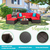 Vongrasig 6 Piece Small Patio Furniture Sets, Outdoor Sectional Sofa All Weather PE Wicker Patio Sofa Couch Garden Backyard Conversation Set with Glass Table,Red Cushions and Blue Pillows (Red) Vongrasig