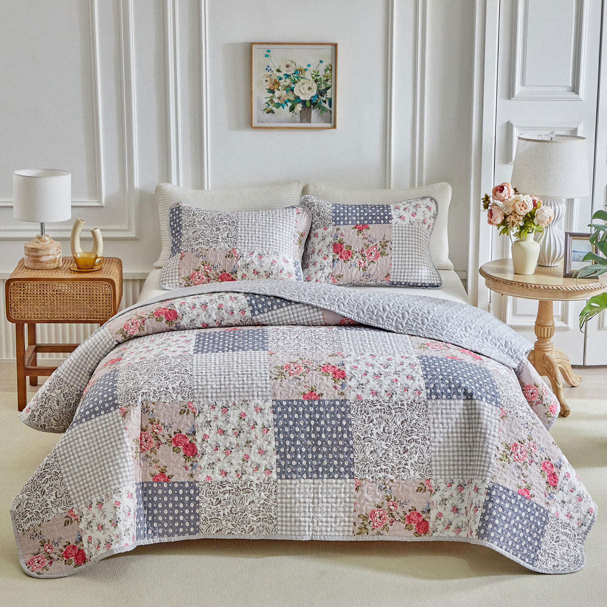 Joyreap Floral Cotton Quilt Set, Neutral Flowers Grid Patchwork Design, 3 Pieces Queen Size Quilt Bedding Set, Farmhouse Countryside Bedspread Bed Cover for All Season- 90x90 inches Joyreap