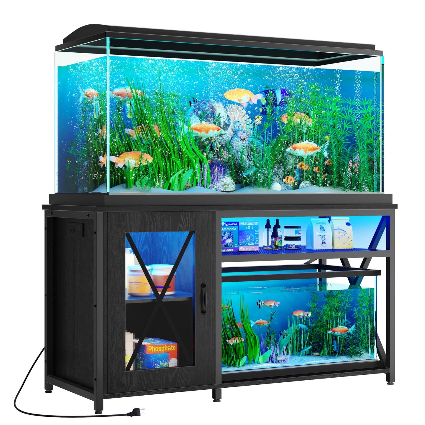 DWVO 55-75 Gallon Aquarium Stand with Power Outlets & LED Light, Cabinet for Fish Tank Accessories Storage - Metal Fish Tank Stand Suitable for Turtle Tank, Reptile Terrarium, 860LBS Capacity - WoodArtSupply